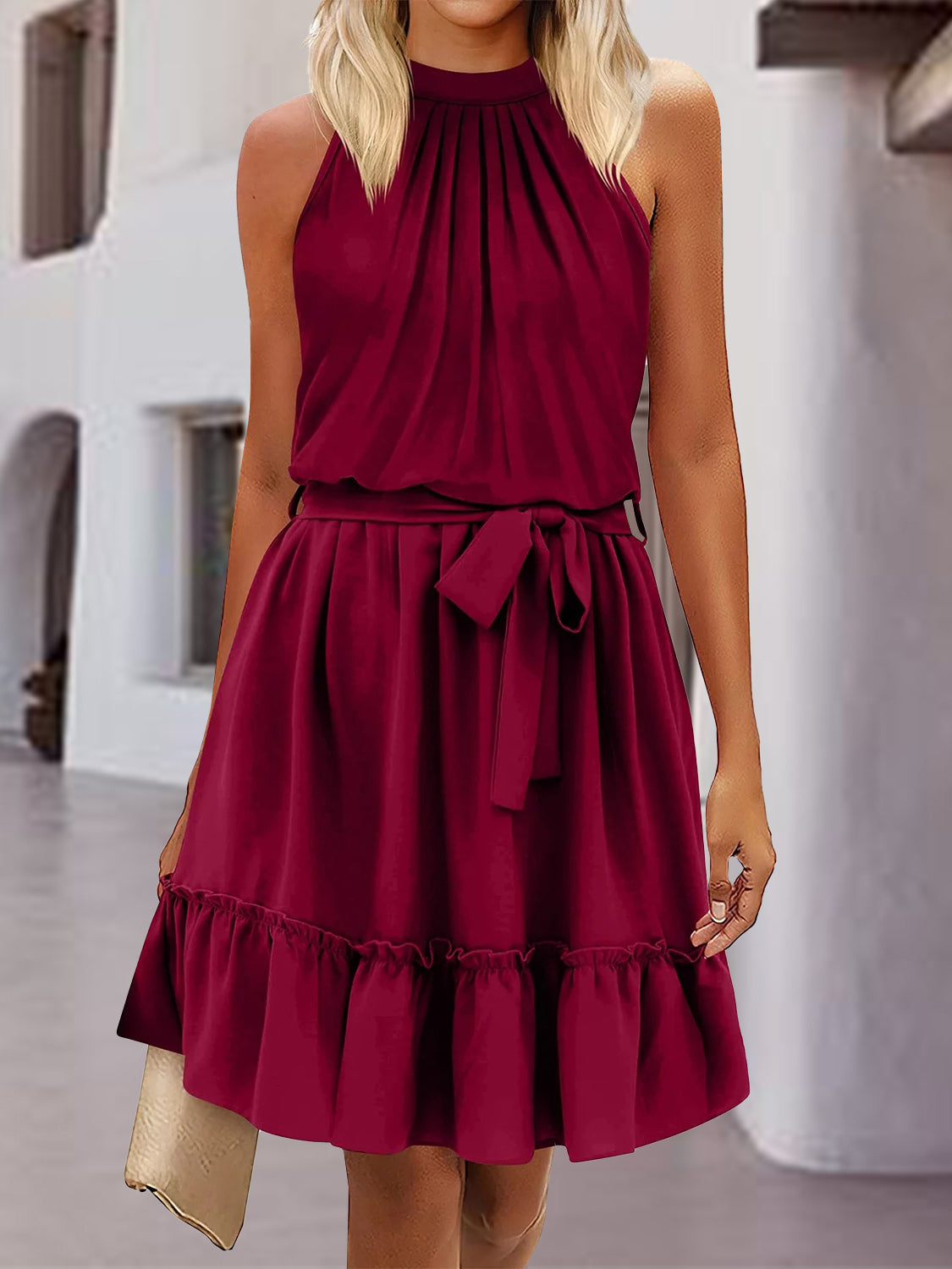 Frill Tied Mock Neck Sleeveless Dress