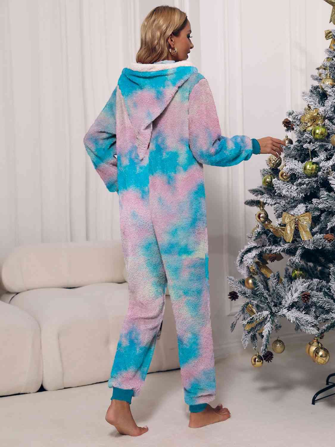 Zip Front Long Sleeve Hooded Teddy Lounge Jumpsuit