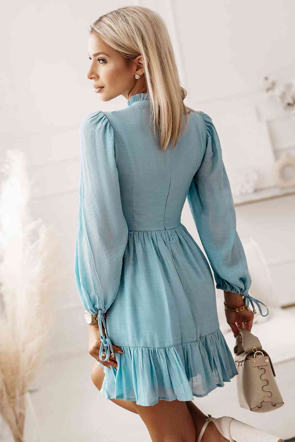 Smocked Tied Balloon Sleeve Mini Dress