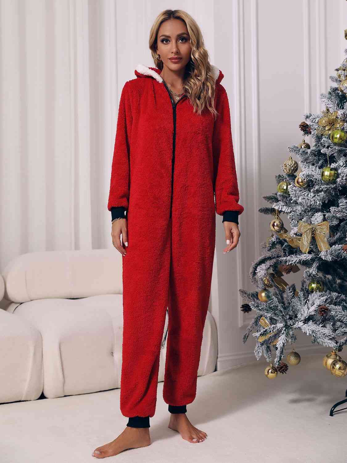 Zip Front Long Sleeve Hooded Teddy Lounge Jumpsuit