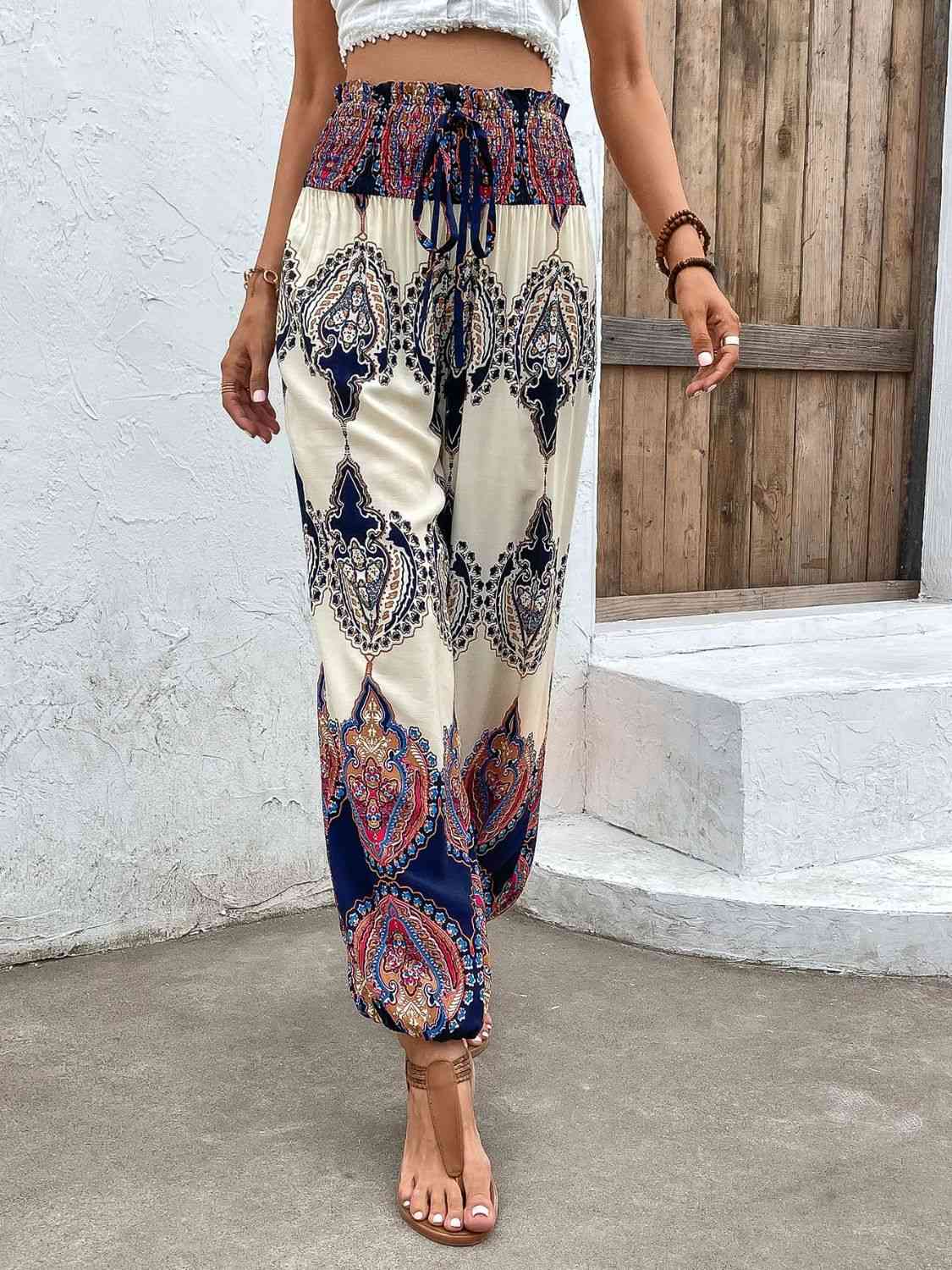 Printed Smocked High Waist Pants