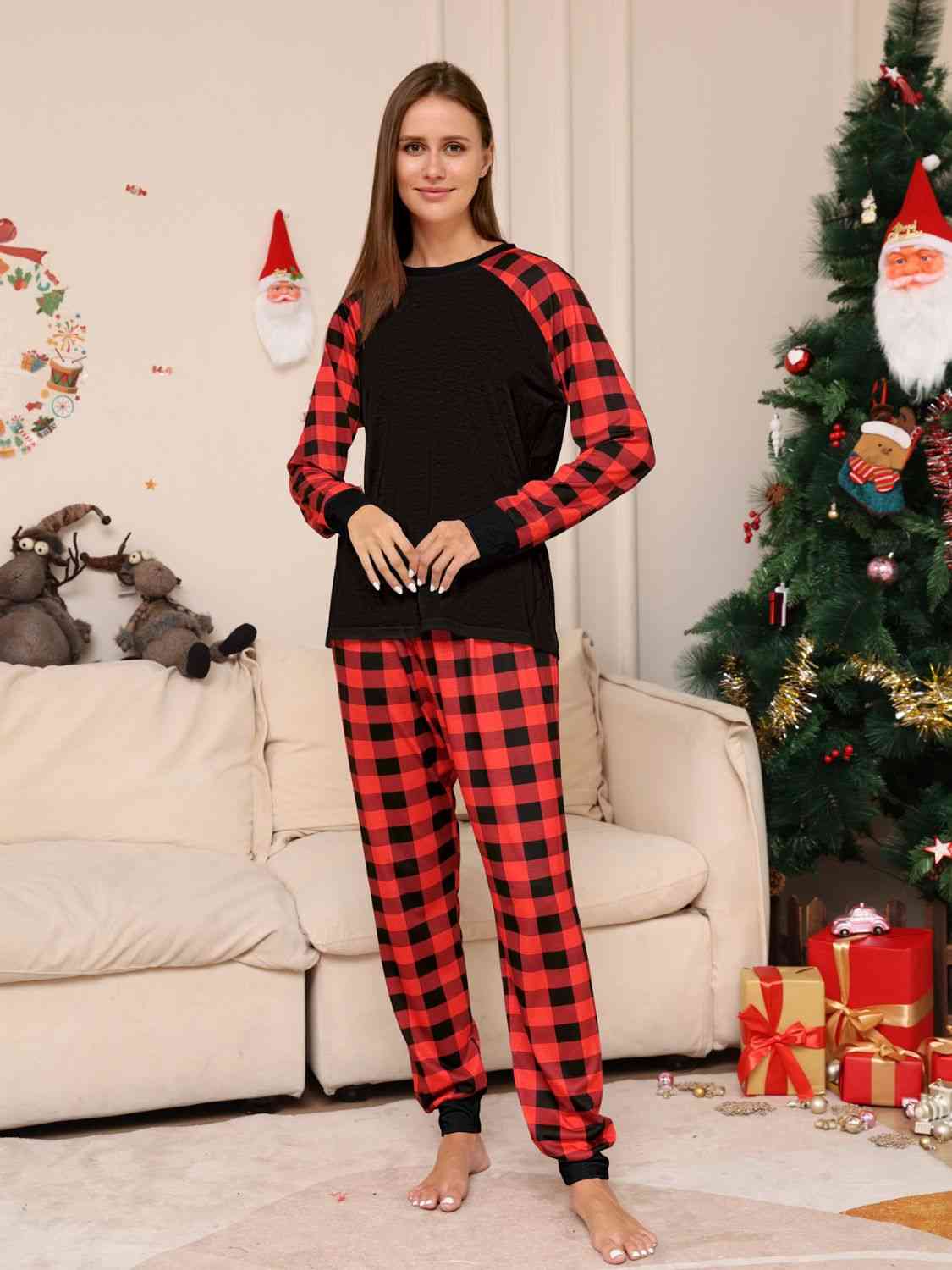 Full Size Raglan Sleeve Top and Plaid Pants Set